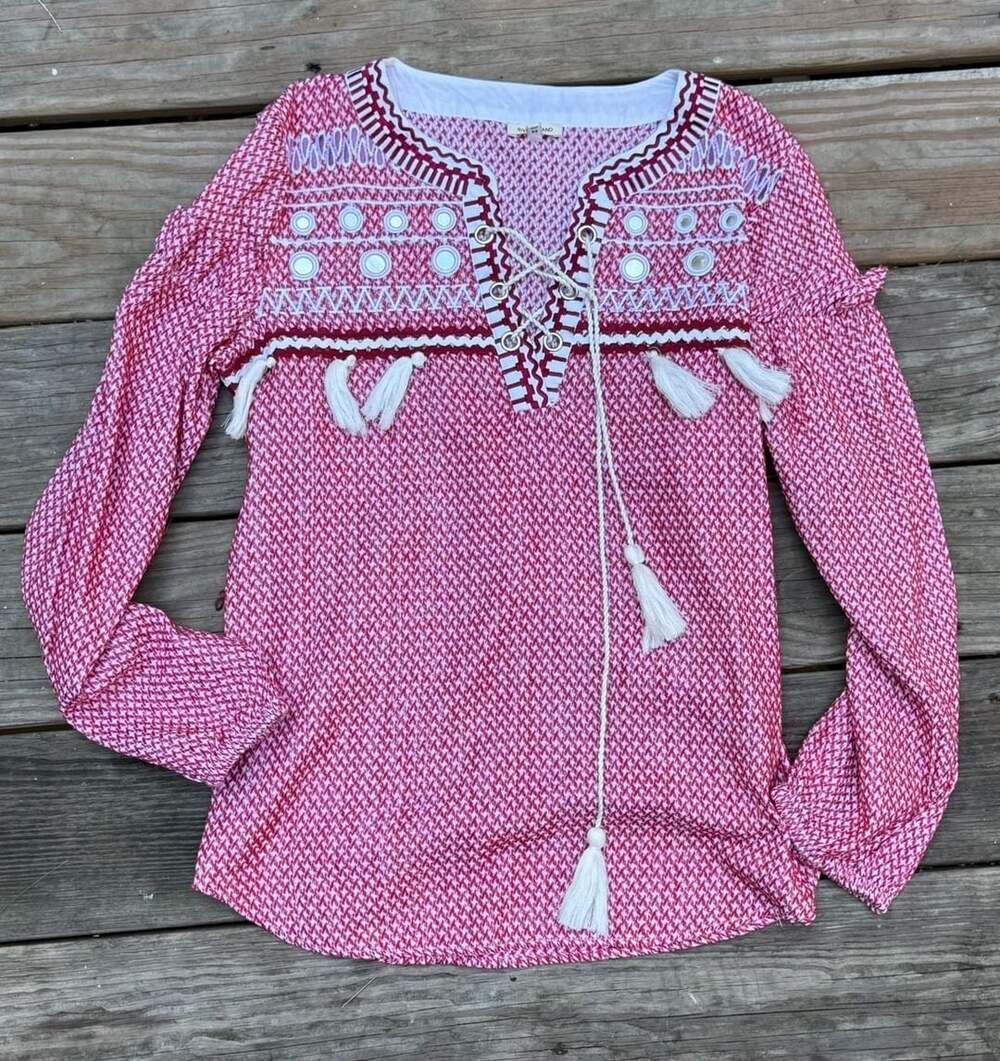 River Island Long Sleeve Top Size 8 Red White Tassel Embroidered Boho